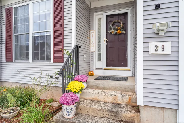 a front view of a house with a potted plant