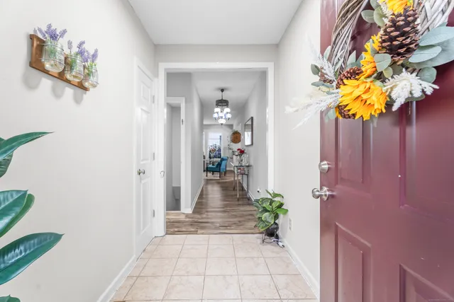 a view of a hallway with wooden floor and a potted plant