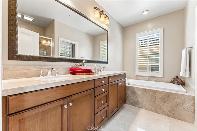 a bathroom with a sink double vanity and a bathtub