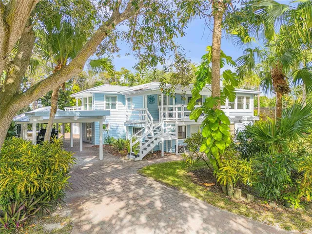 a view of a yard with plants and trees