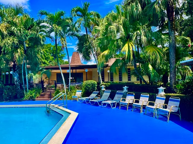 a view of a house with a big yard and potted plants and large trees