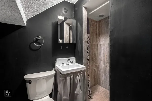a bathroom with a toilet a sink and mirror