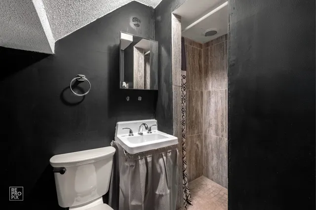 a bathroom with a toilet a sink and mirror