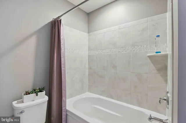 a bathroom with a bathtub and a toilet