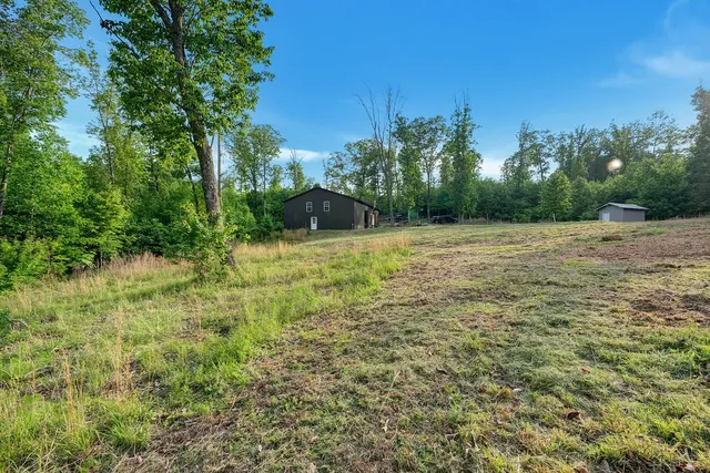 a backyard of a house with plants and trees