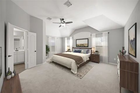 a spacious bathroom with a double vanity sink a mirror and shower