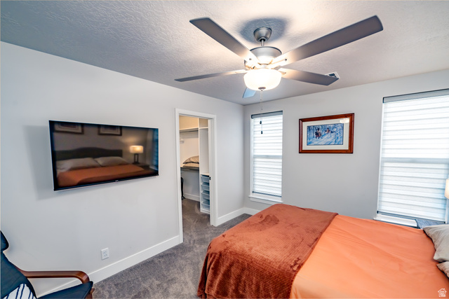 1283 North Gallen Road Santa Clara, UT 84765 - Photo 79 of 103 ADU primary Bedroom with a spacious closet, dark carpet, ceiling fan, and a textured ceiling