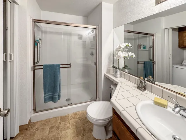 a bathroom with a sink toilet and shower