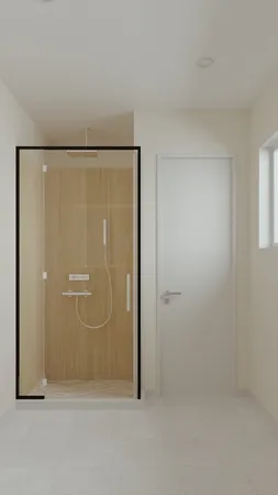 a bathroom with a glass door