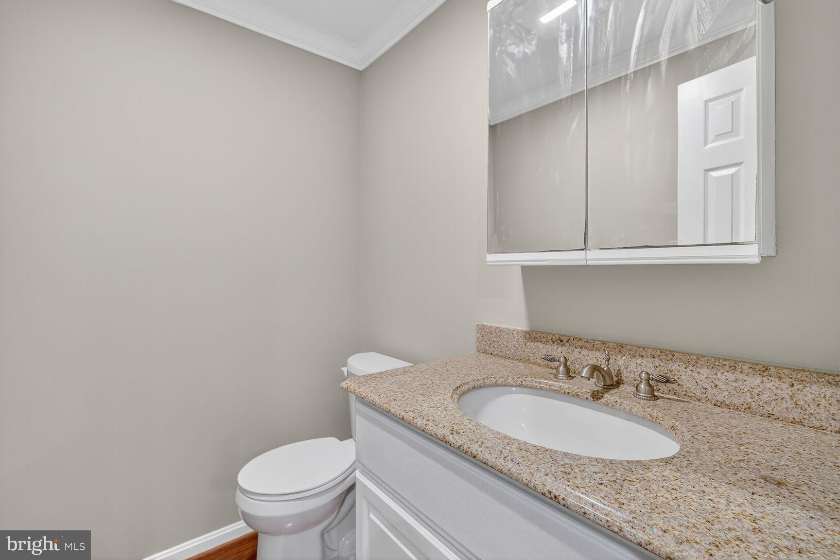 7310 Eggar Woods Lane Springfield, VA 22153 - Photo 26 of 29 a bathroom with a granite countertop sink and a toilet