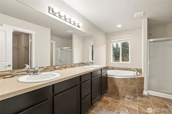 a bathroom with a tub sink and mirror
