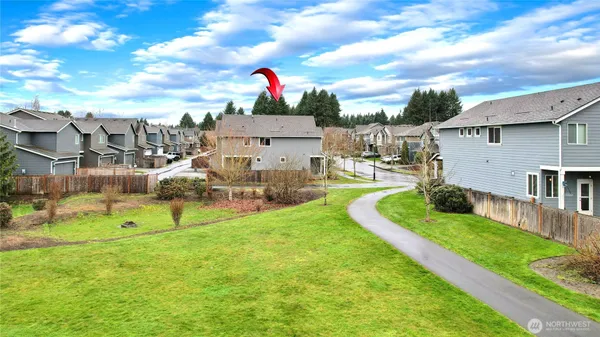 a view of a garden with a slide