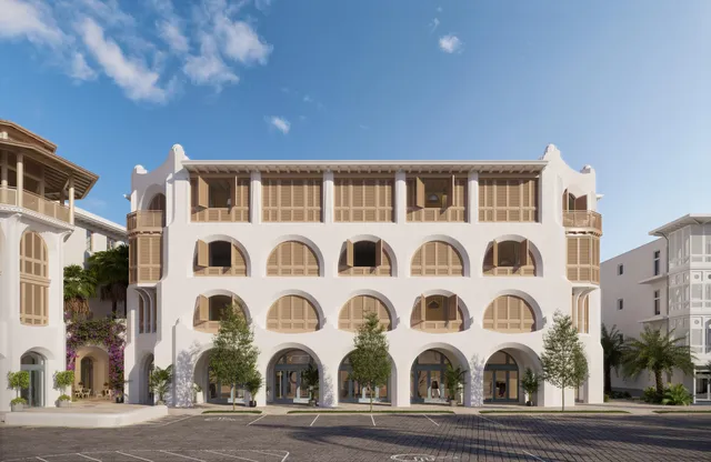 a front view of a multi story building