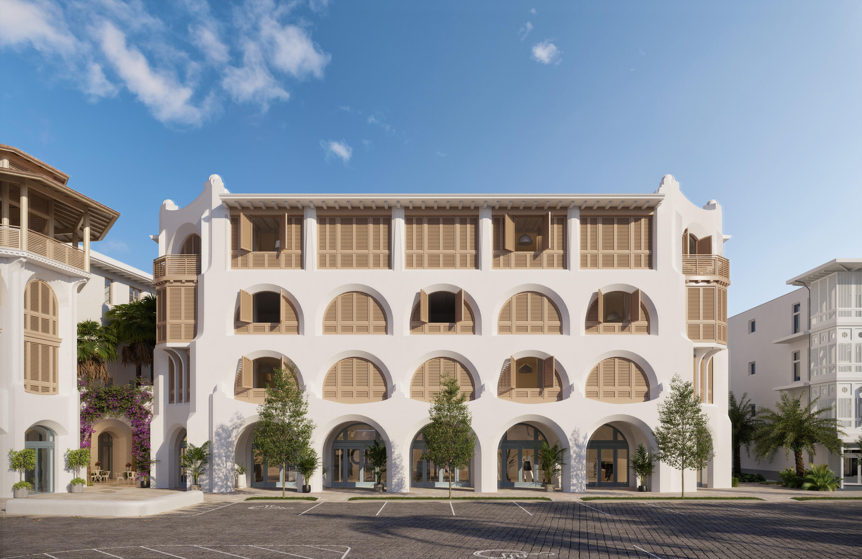 a front view of a multi story building