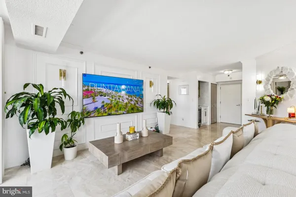 a living room with furniture potted plant and a flat screen tv