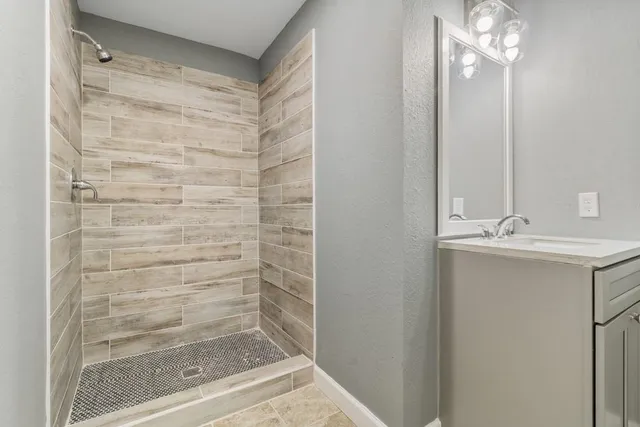 a bathroom with a shower a mirror and a sink