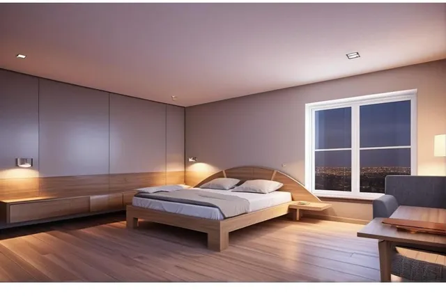 a bedroom with a bed and a night stand