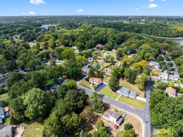 an aerial view of residential houses with outdoor space and trees