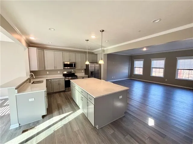 a kitchen with a refrigerator a stove top oven a sink dishwasher and wooden floor