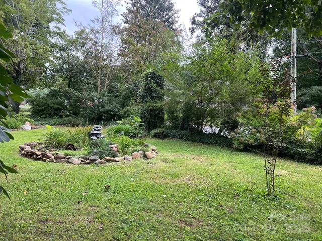 a view of a backyard with potted plants and large trees