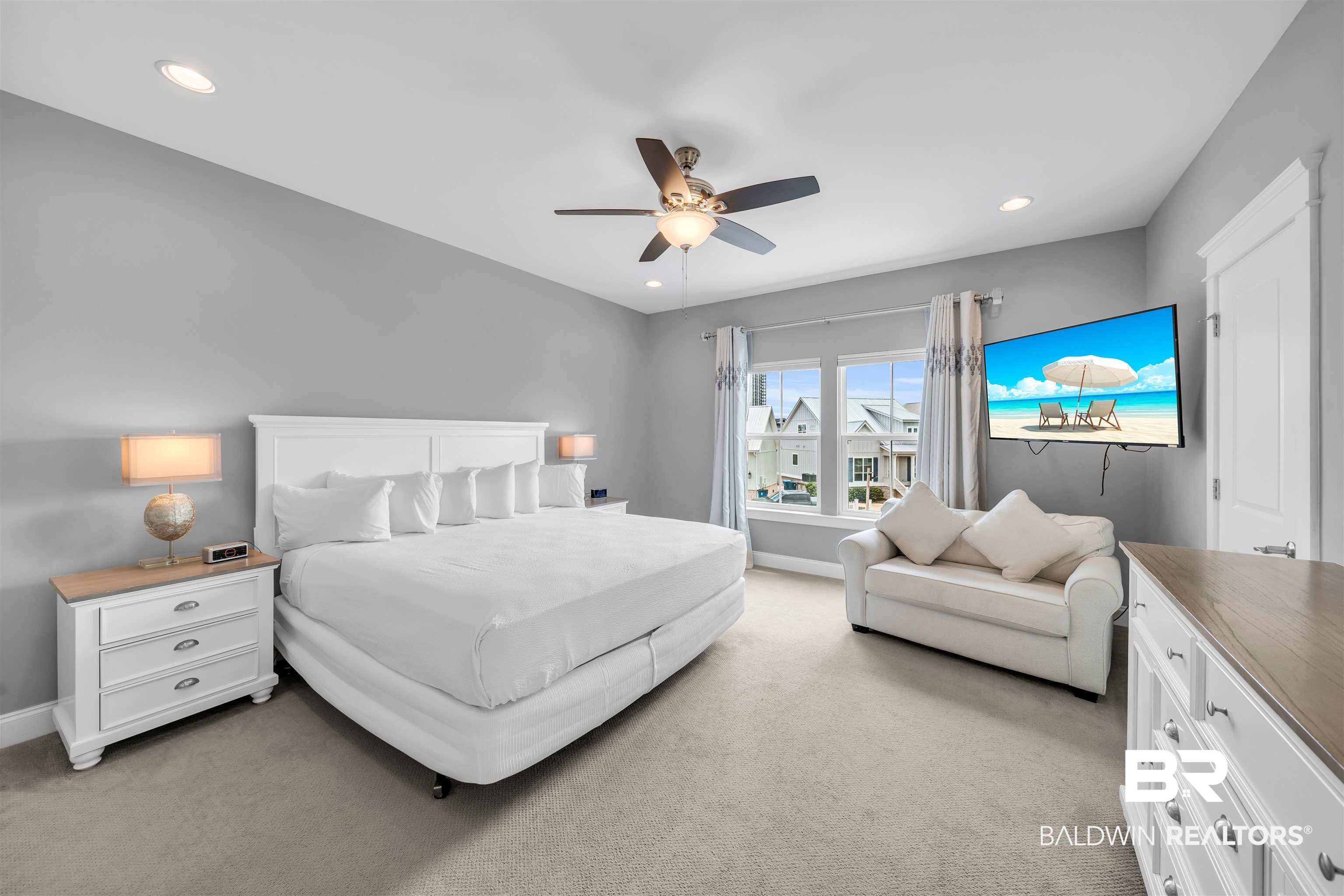 47 Parks Edge Orange Beach, AL 36561 - Photo 17 of 40 Bedroom featuring light carpet, recessed lighting, and a ceiling fan