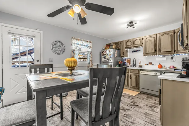 a view of a dining room and furniture