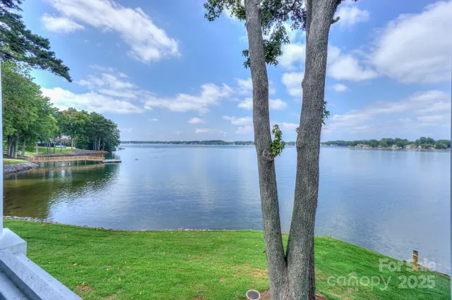 a view of a lake with a big yard and large trees