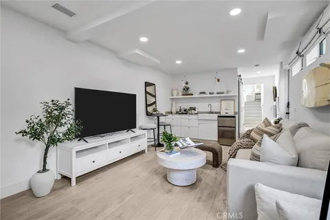 a living room with furniture a potted plant and a flat screen tv