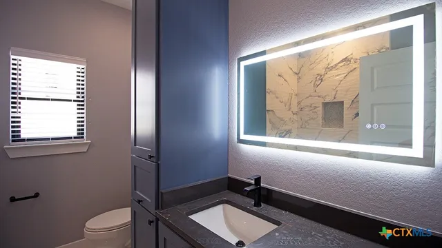 a bathroom with a toilet a sink and a large mirror