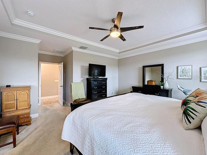 10148 Florence Ridge Drive Clermont, FL 34711 - Photo 19 of 50 a bedroom with a large bed a chandelier and dresser