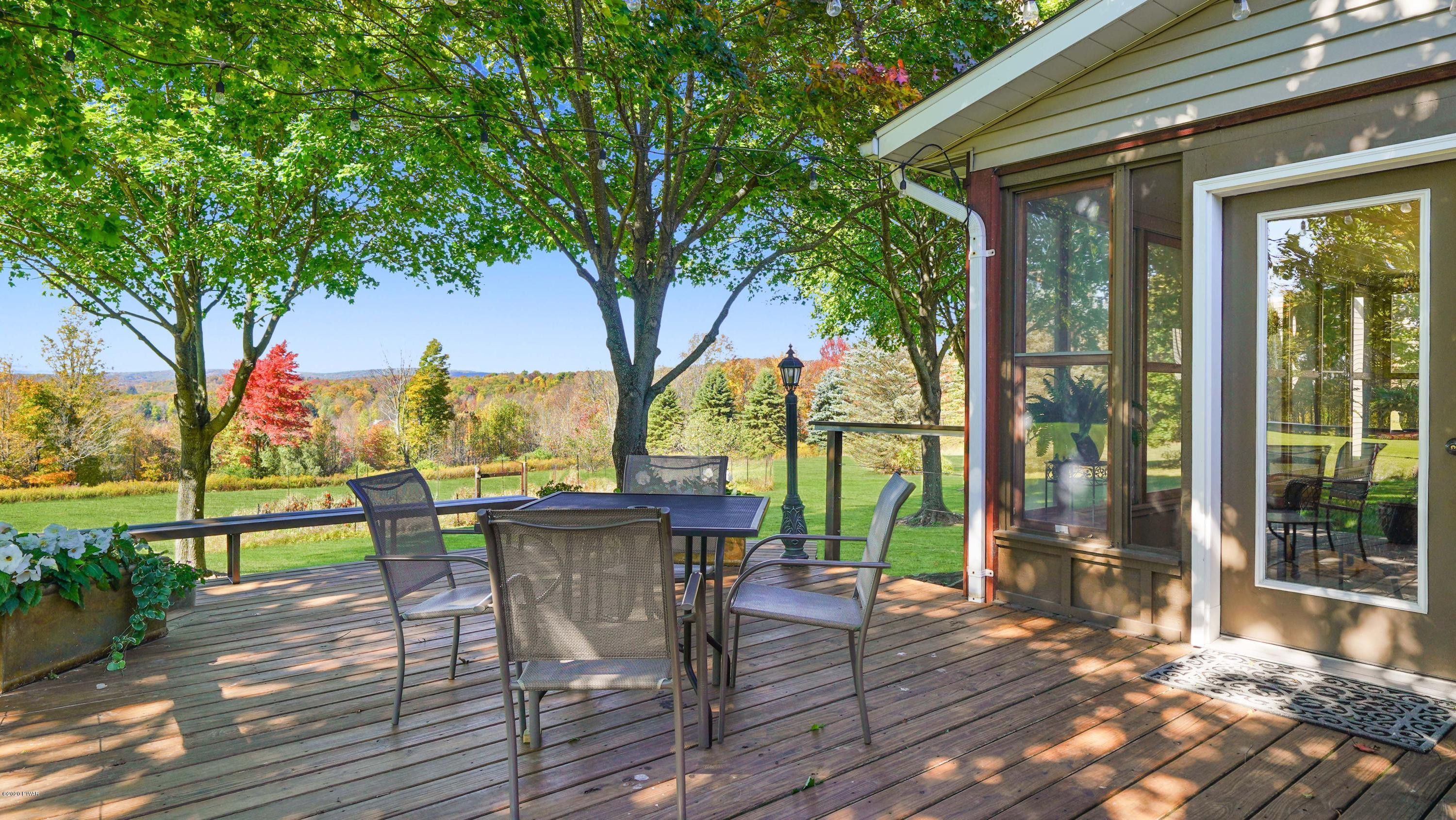 161 J J Road Moscow, PA 18444 - Photo 28 of 73 a view of a patio with table and chairs potted plants and large tree
