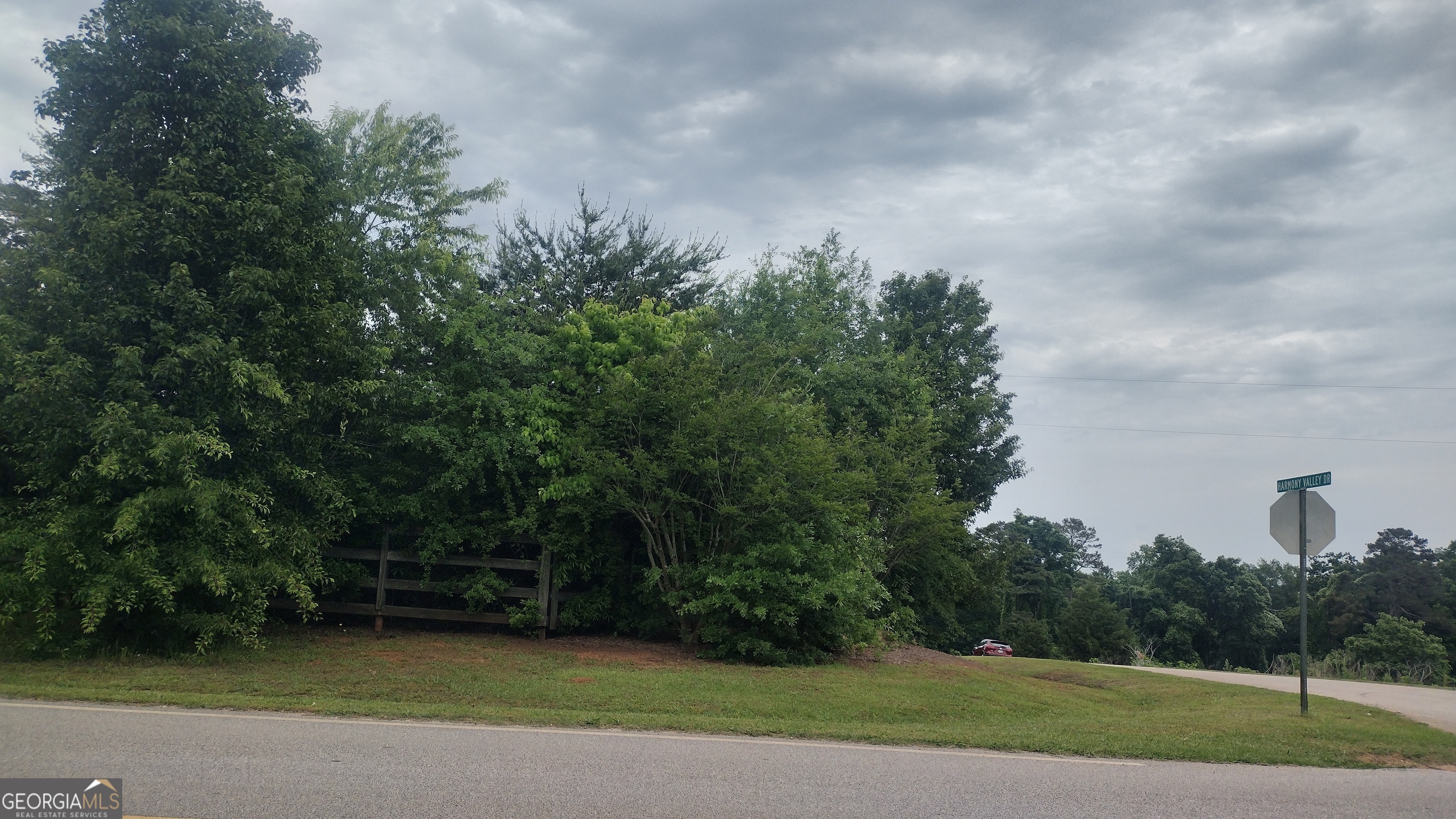 a view of a field of grass and trees