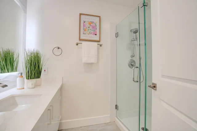 a bathroom with a shower and a sink