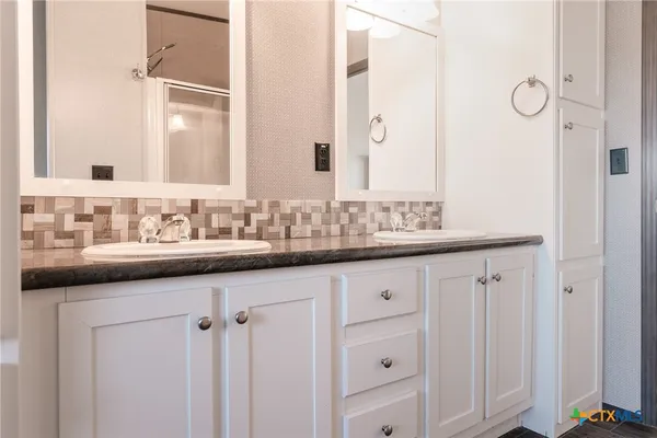 a bathroom with a sink and a mirror