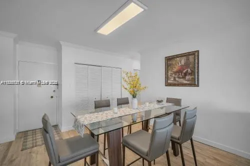 a view of a dining room with furniture