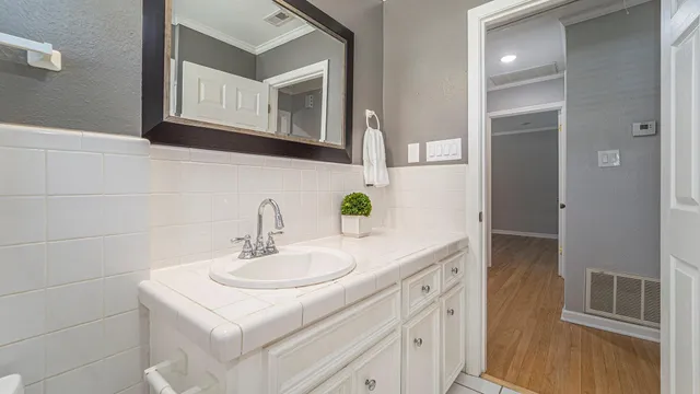 a bathroom with a sink and a mirror