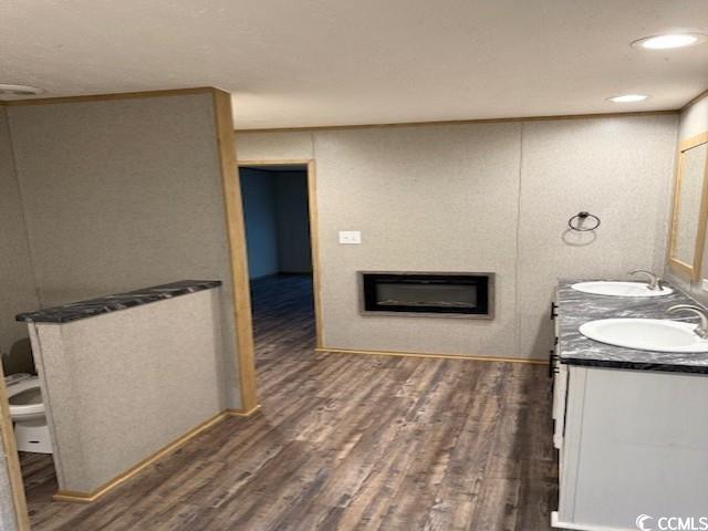 65 Clemmons Drive Tabor City, NC 28463 - Photo 18 of 29 Bathroom featuring a glass covered fireplace, double vanity, wood finished floors, and toilet