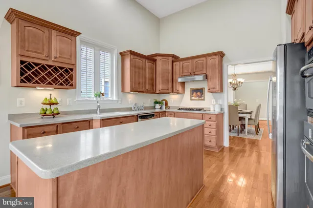 a dining room with furniture a potted plant and a kitchen view