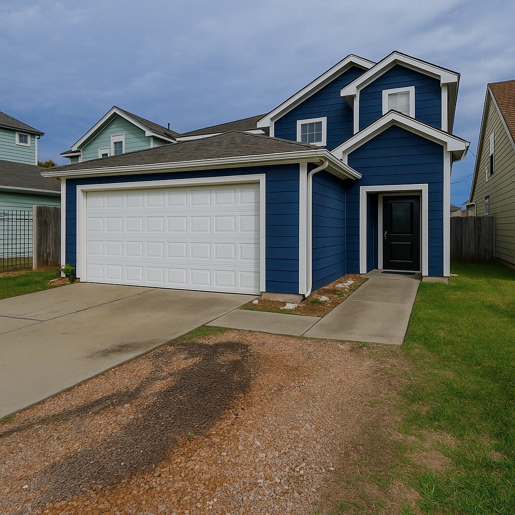 a front view of a house with a yard and garage