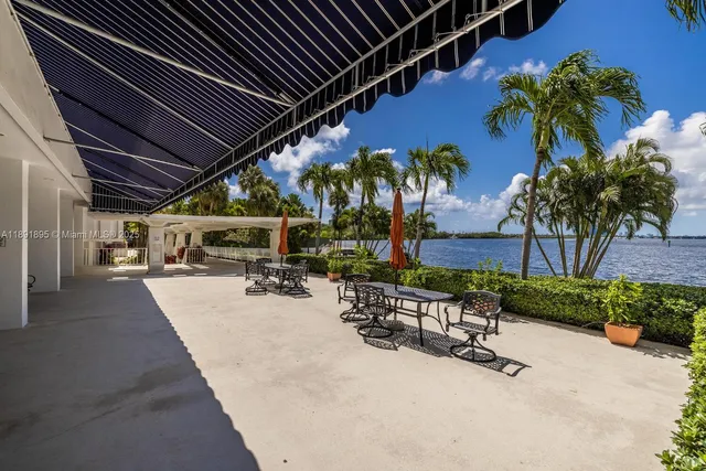 a view of a patio with table and chairs potted plants and palm trees