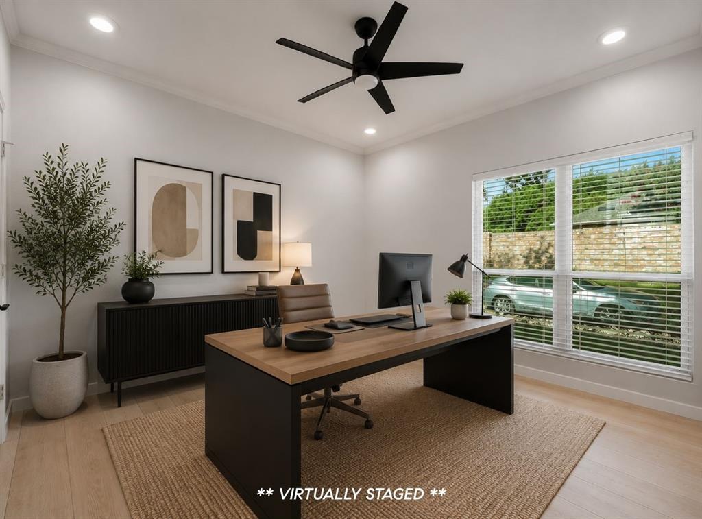 14140 Regency Place Dallas, TX 75254 - Photo 27 of 38 Bright room featuring wood-finish flooring, recessed lighting, and a modern ceiling fan
