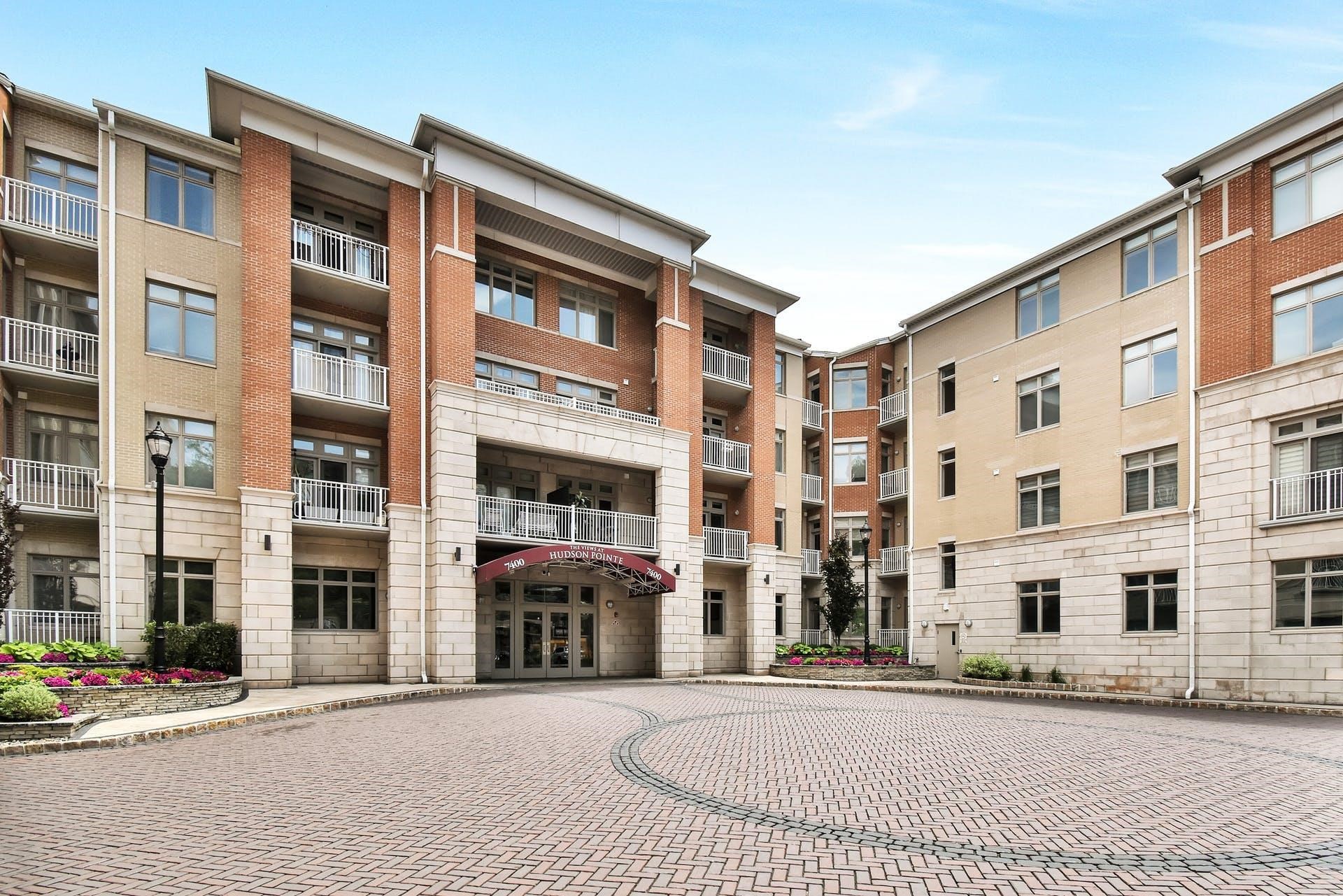 a front view of a building with street