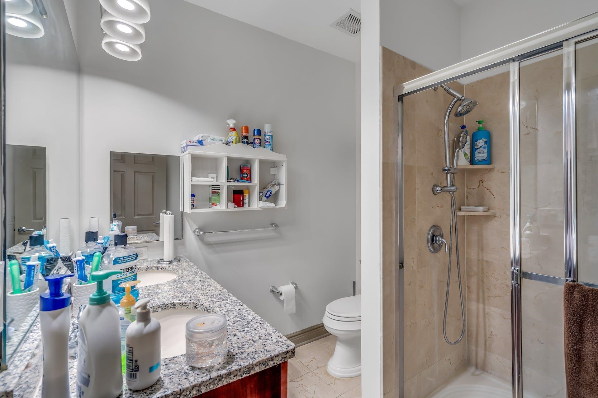 7400 River Road, Unit 315 North Bergen, NJ 07047 - Photo 10 of 19 a bathroom with a granite countertop sink a toilet and shower