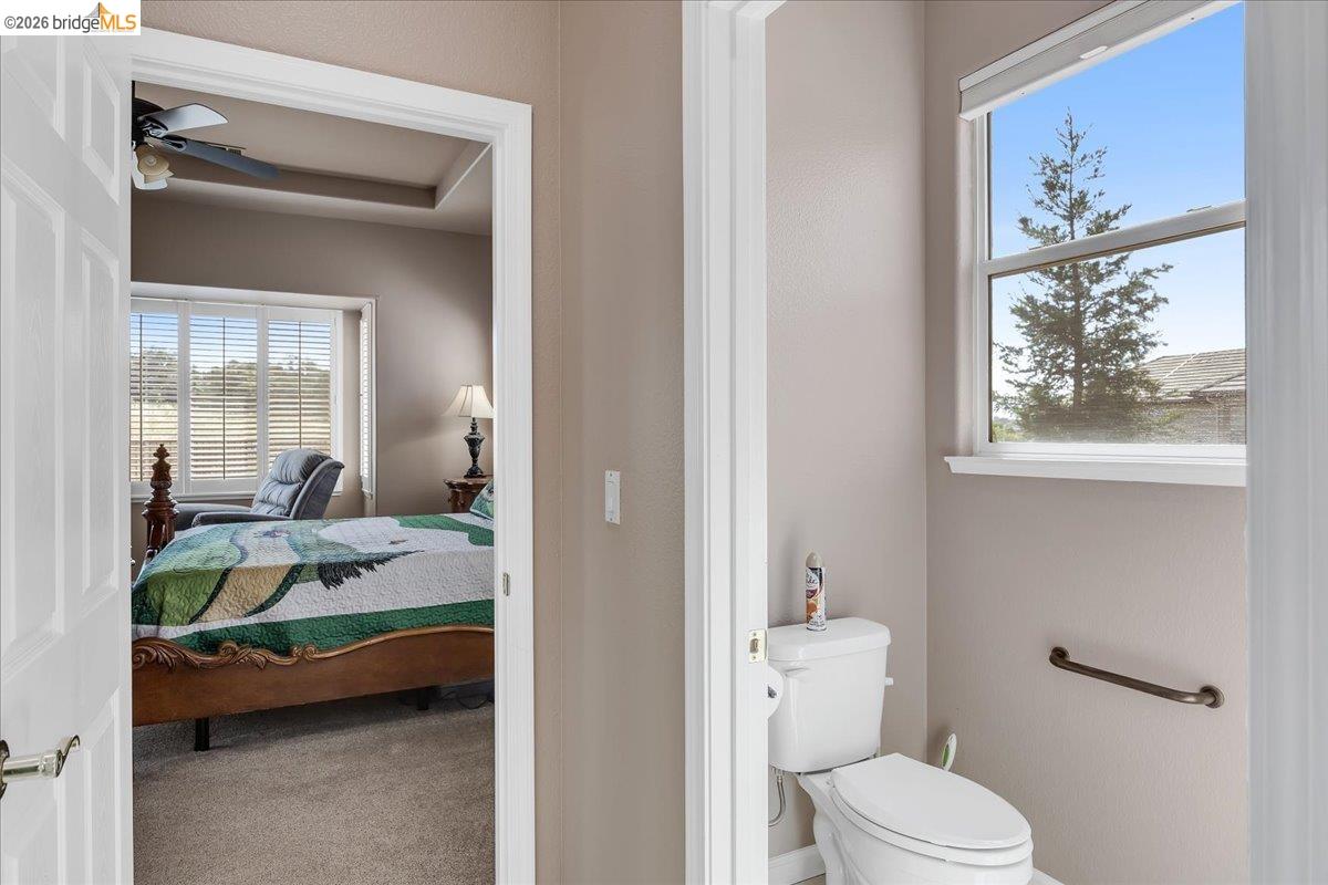 158 Rock Ridge Lane Copperopolis, CA 95228 - Photo 35 of 72 Carpeted room featuring a ceiling fan, tray ceiling, and window with horizontal blinds