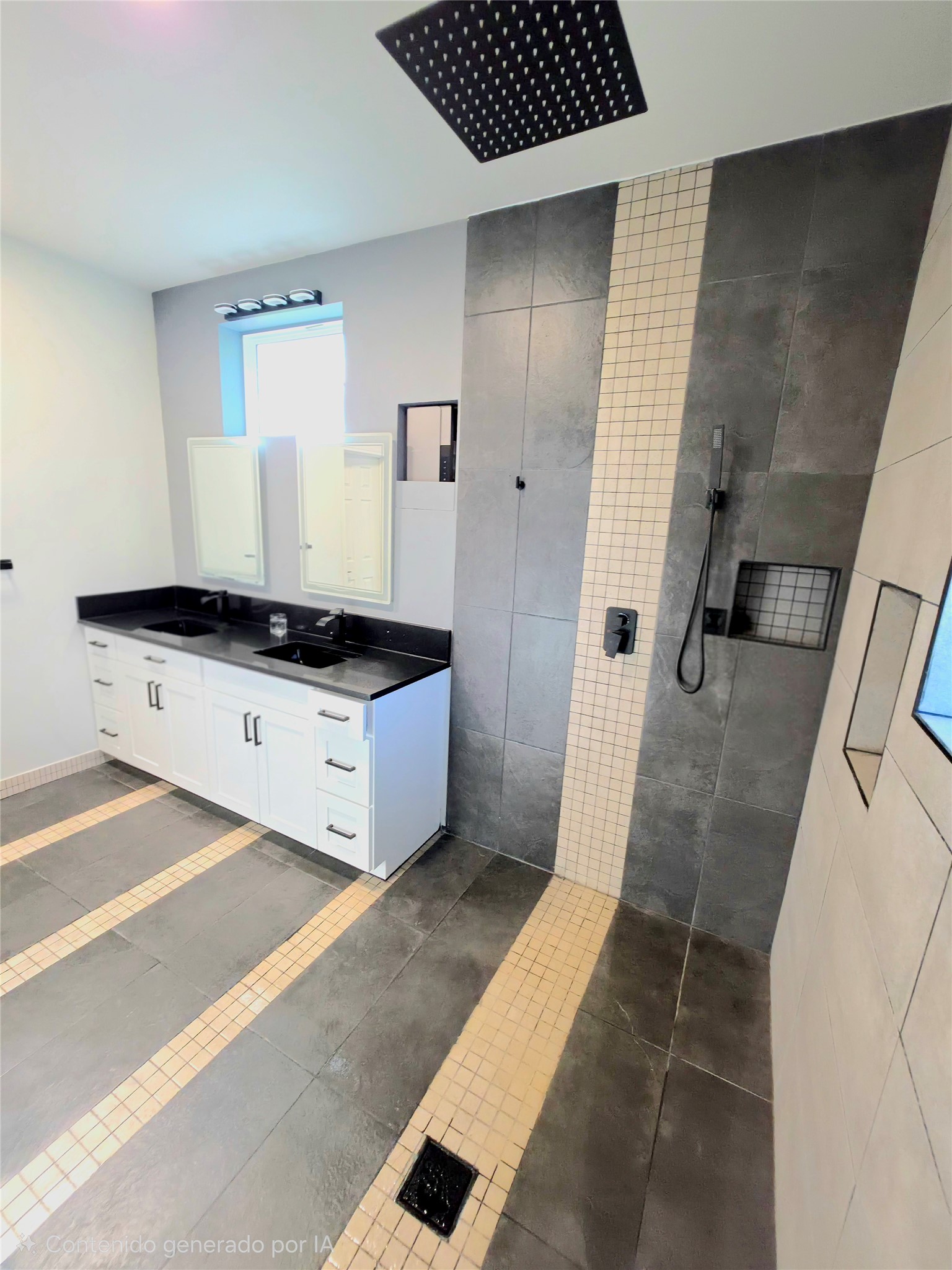 2201 Teri Road Austin, TX 78744 - Photo 17 of 40 A contemporary bathroom features a double vanity and an integrated walk-in shower with detailed tilework.