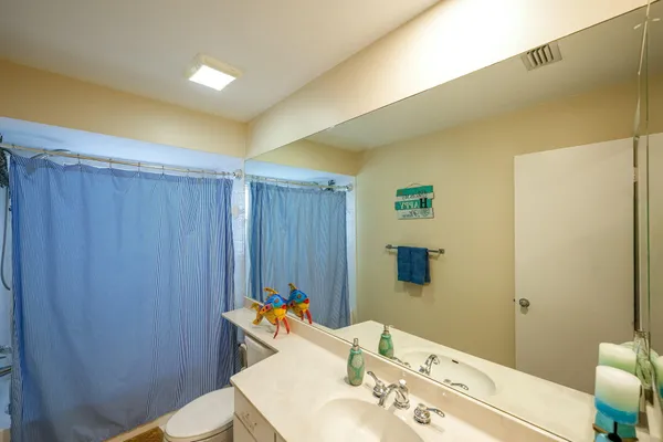 a bathroom with a sink a toilet and shower curtain
