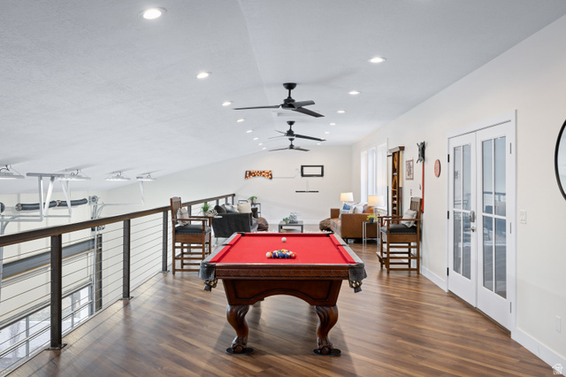 1263 Chapman Court Alpine, UT 84004 - Photo 24 of 83 Game room with a ceiling fan, lofted ceiling, dark wood-style flooring, pool table, and recessed lighting
