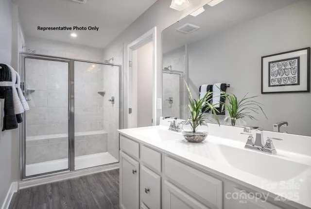 a bathroom with a double vanity sink mirror and shower