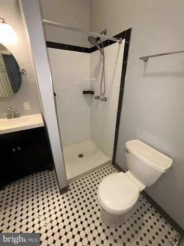 a bathroom with a sink a toilet a mirror and shower
