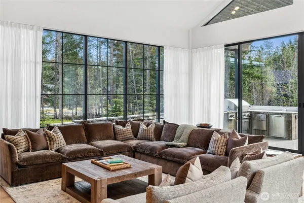 a living room with furniture and large windows